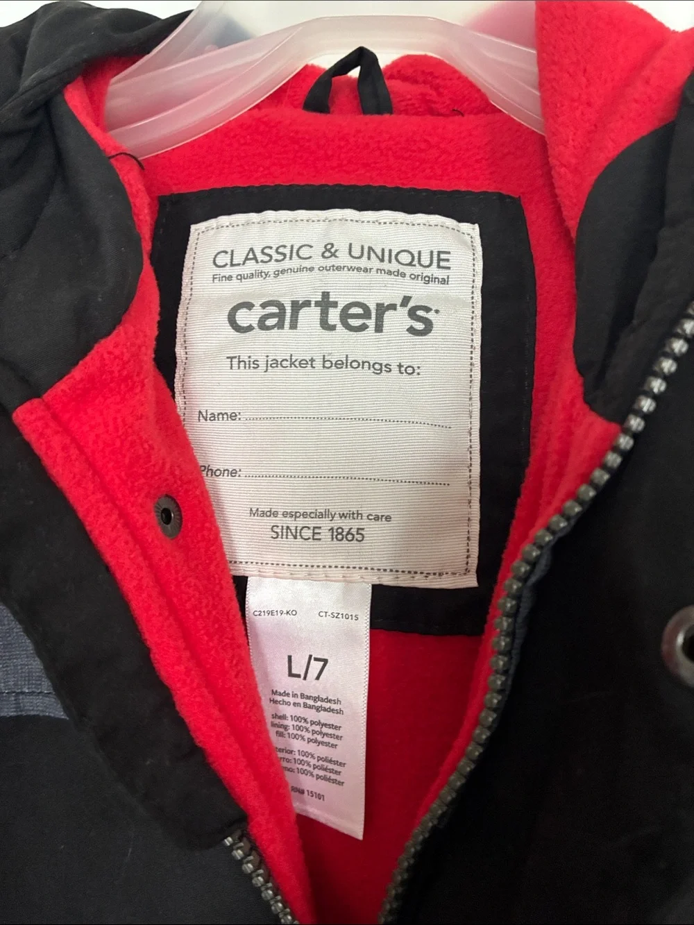 Carter's Black Kids Fleece-Lined Jacket with Gray Yoke and Red Lining